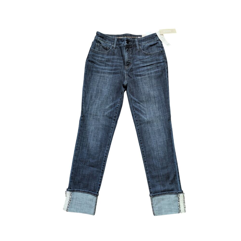 NWT Chicos So Slimming Girlfriend Slim Leg Ankle Jeans Womens 2R Blue Pearl Hem